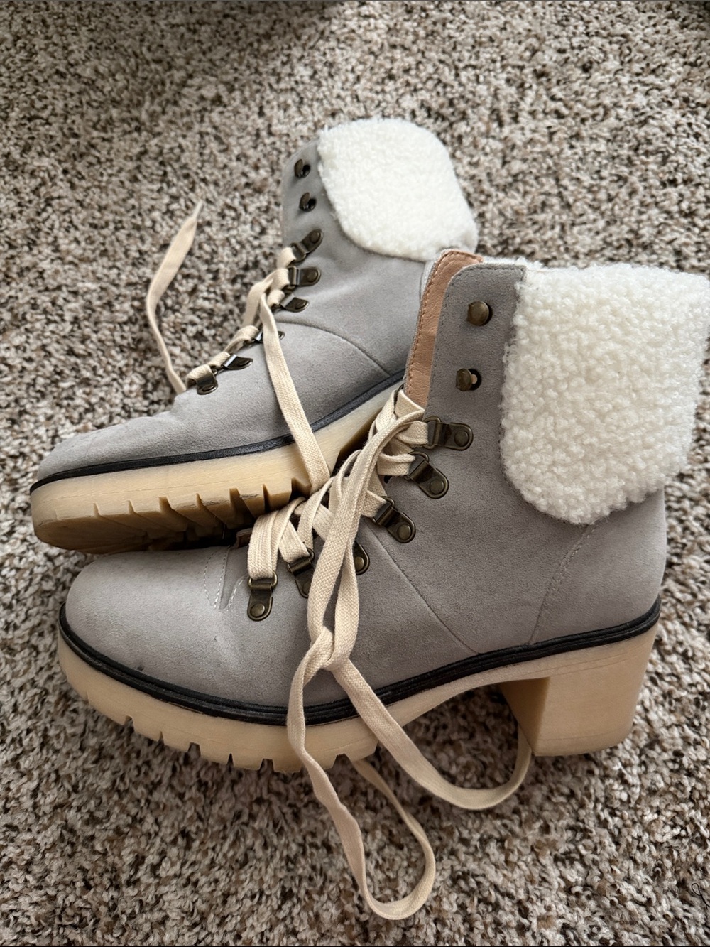 Vici Gray Suede Lace-Up Sherpa Cuff Ankle Boots